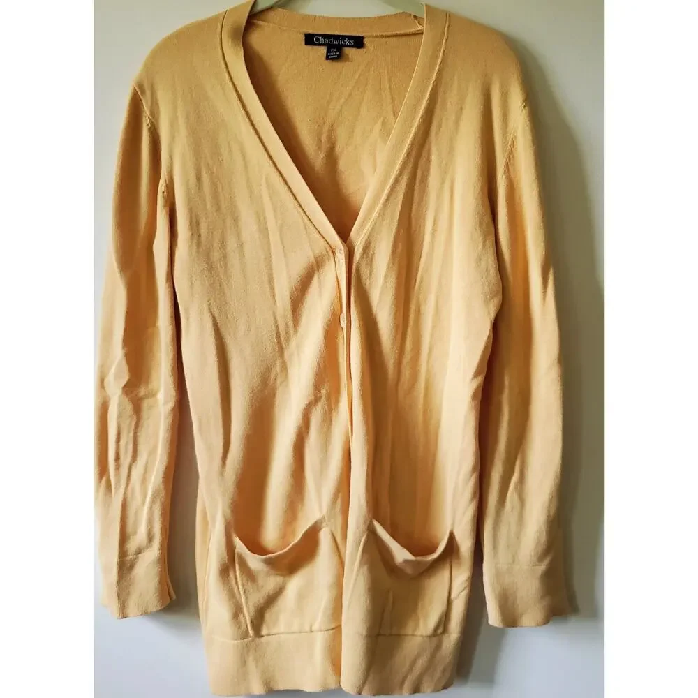 Chadwick's Cardigan Womens Size PM Soft Yellow Retro Button 50s 60s Cotton Sz M - Picture 1 of 8